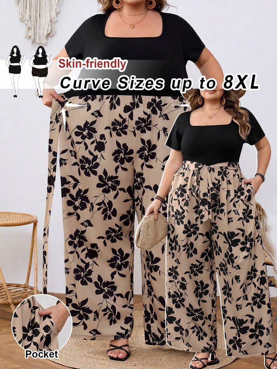 SHEIN CURVE+ Plus Size Women Holiday Floral Print Patchwork Short Sleeve Loose Jumpsuit