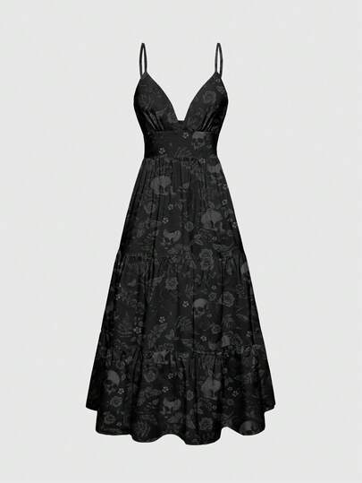 ROMWE Đầm in hình bướm phong cách hippie, gothic, họa tiết xương bướm dành cho nữ