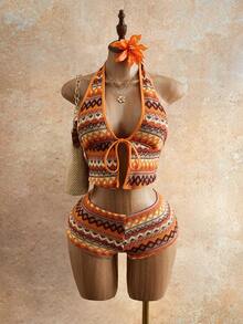 Mistrie Women's Summer New Fashion Two-Piece Set, Colorful Breathable Textured Jacquard Sleeveless Halter Top With Tie And Low-Rise Shorts,Summer Tops,Summer Outfits,Summer Outfits For Women ,Summer Outfit For Women,Festival Outfits For Women,Beach Outfit For Women,Casual Sets For Women,Vacation Outfits Women,Holiday Outfits For Women,Summer Holiday Outfits,Vacation Outfits For Women, Outfits 2 Piece Set Hawaii Outfits Women 2 Piece - Orange - View 8