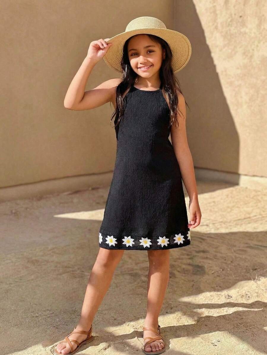 SHEIN Black Semi Sheer Knitted Cami Daisy Tassel Dress For Young Girls Halter Neck Casual Knee Length - Black - View 1