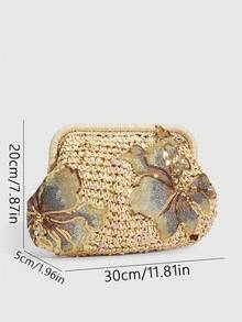 SHECARRY 1件装度假风亮片花朵搭扣饺子包，热带沙滩手拿包，春夏草编包，时尚链条斜挎包（女士款） - 米色 - 查看 2