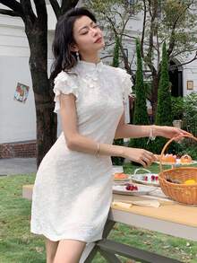 EastFlair 女士立领蕾丝休闲约会派对连衣裙 - 白色 - 查看 3