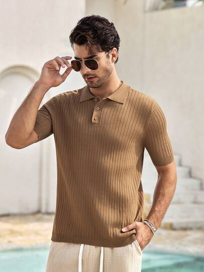 Mercer Haus 男士卡其色针织 Polo 领 T 恤，罗纹质地，Polo 领纽扣设计，透气针织面料，可机洗，柔软舒适，短袖 Polo 衫，适合办公室、商务会议等场合，尽显绅士风范。