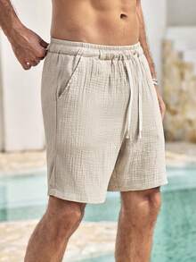 Men's Khaki Solid Woven Loose Fit Shorts, Basic, Pocket, Drawstring, Summer, Short Pants, Lightweight, Breathable, Cool, Casual, Comfortable Boyfriend,Husband,Father Gift - Khaki - View 7