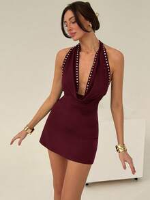 Aloruh 女士露背系带性感迷你连衣裙，时尚百搭，适合约会和派对 - 紅色 - 查看 6