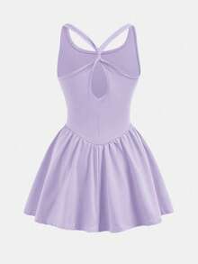 少女休闲纯色交叉露背运动连衣裙 - 紫色 - 查看 2