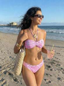 SHEIN 少女波点印花吊带比基尼，适合海滩度假和夏季穿着 - 粉色 - 查看 4