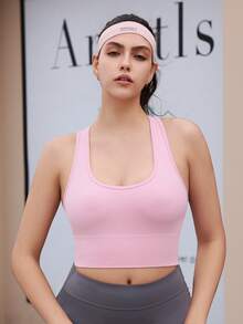 Yoga Basic Sujetador deportivo sin costuras de unicolor con espalda de tirantes - Rosa - Ver 3