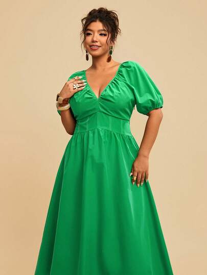 Travachic Vestido verde sólido de línea A con cuello en V, mangas de pétalo y cintura ceñida para mujer de talla grande, primavera/verano, playa y vacaciones