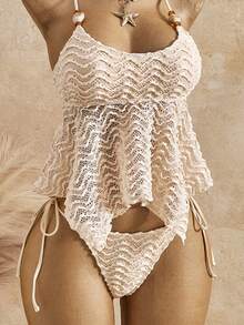 Swim Mod Bộ bikini mùa xuân/hè mới, kiểu dáng gợi cảm, dễ thương, ngọt ngào, chất liệu vải có họa tiết hoa, viền hoa, thích hợp cho kỳ nghỉ biển. - Màu be - Xem 3