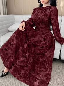 Feyla Plus Size Elegant Butterfly Print Waist Cinched Long Dress - Multicolor - View 3