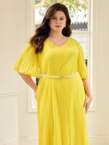 MOTF PREMIUM PLUS SIZE PLEATED LONG DRESS WITH BELT, COMFORTABLE FOR SPRING & SUMMER - Yellow - View 7