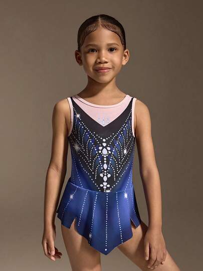 Young Girls' Crystal-Embellished Blue Sleeveless Leotard – High-Stretch Athletic Bodysuit With Dazzling Diamond Print, Ideal For Gymnastics, Dance, Yoga, And Active Outdoor Training Wear