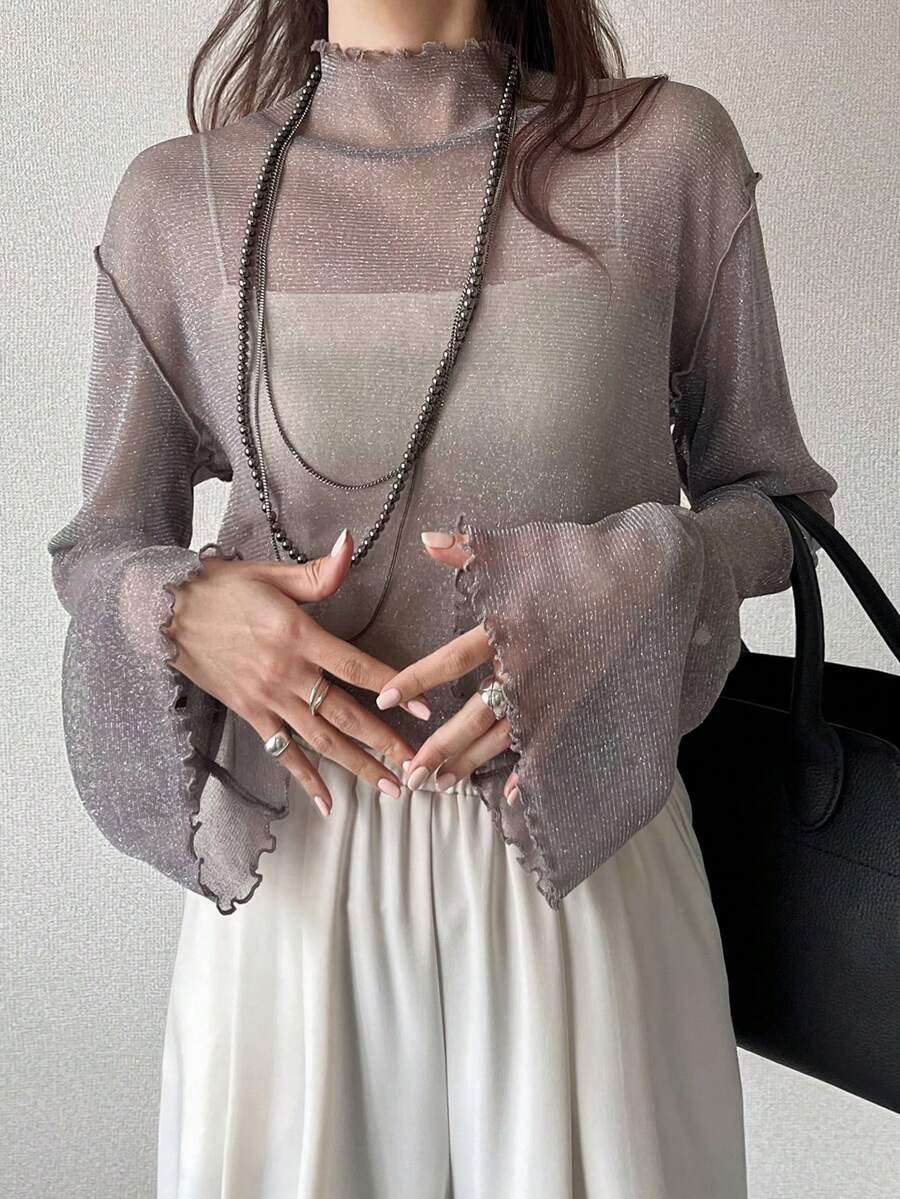 FRIFUL Women's Mesh Turtleneck Sheer Top, Layering Piece For Autumn Cover Ups For Swimwear - Grey - View 1