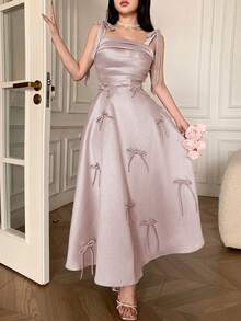 Feyla Vestido elegante de mujer con lazo decorativo y hombros retorcidos de unicolor - Rosa Pálido - Ver 6