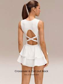 GLOWMODE Game On Buttery-Soft Quick-Dry Removable Cups Built-In Shorts Side Pockets Squareneck Cutout Back Tiered Tennis Dress Golf Pickleball Gym - White - View 4