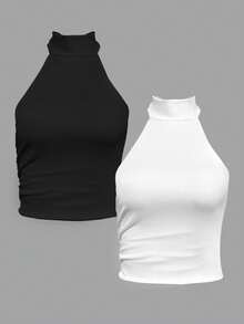 SHEIN PETITE 2 Pieces Black And White Color Backless Sleeveless Top, Elevated Elegance Top,Prom Top,Rave TopFestival,Streetwear,Women Birthday Top,Concert Top,Club Top,Date Night Top,Music Festival Top,High Neck Tops For Women,Body Tops For Ladies - Multicolor - View 1