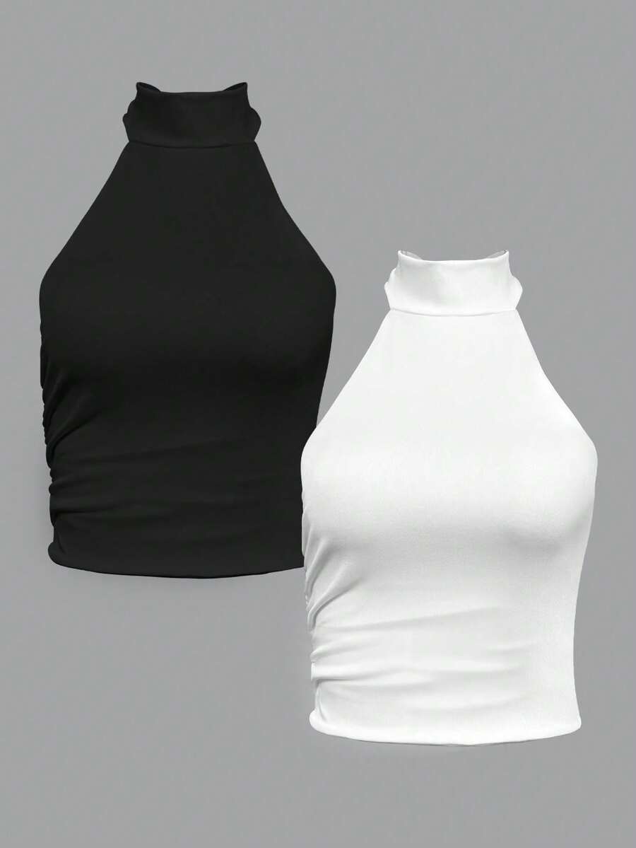 SHEIN PETITE 2 Pieces Black And White Color Backless Sleeveless Top, Elevated Elegance Top,Prom Top,Rave TopFestival,Streetwear,Women Birthday Top,Concert Top,Club Top,Date Night Top,Music Festival Top,High Neck Tops For Women,Body Tops For Ladies - Multicolor - View 1