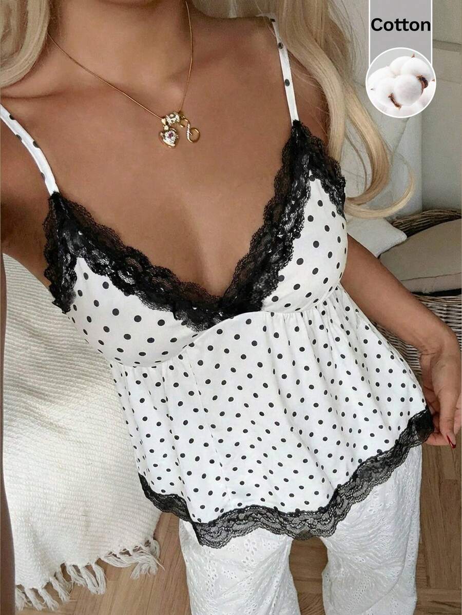CovetEZ 女士蕾丝拼接波点印花休闲吊带衫 - 黑與白 - 查看 1