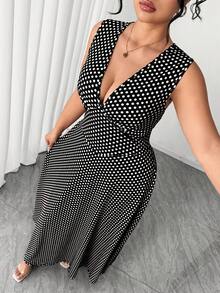 Elenzga 大码女士简约时尚针织吊带背心，棕色底白色波点数码印花长裙 - 黑與白 - 查看 1