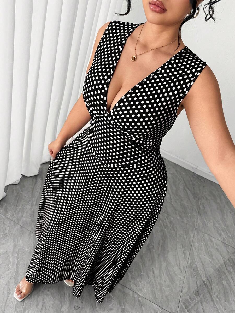 Elenzga 大码女士简约时尚针织吊带背心，棕色底白色波点数码印花长裙 - 黑與白 - 查看 1