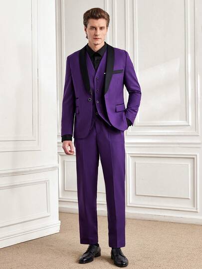 Officeau Men's 3 PiecesSuit Set, Includes Blazer, Vest And Pants, Business Formal Slim Fit Stretchy Solid Color, Work/Evening Wear