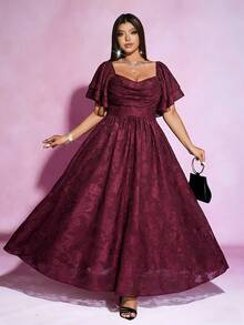 SHEIN PETITE CURVE Plus Size Comfortable Jacquard Casual Elegant Dress, Suitable For Spring And Summer Evening Formal Wedding Burgundy - Burgundy - View 1