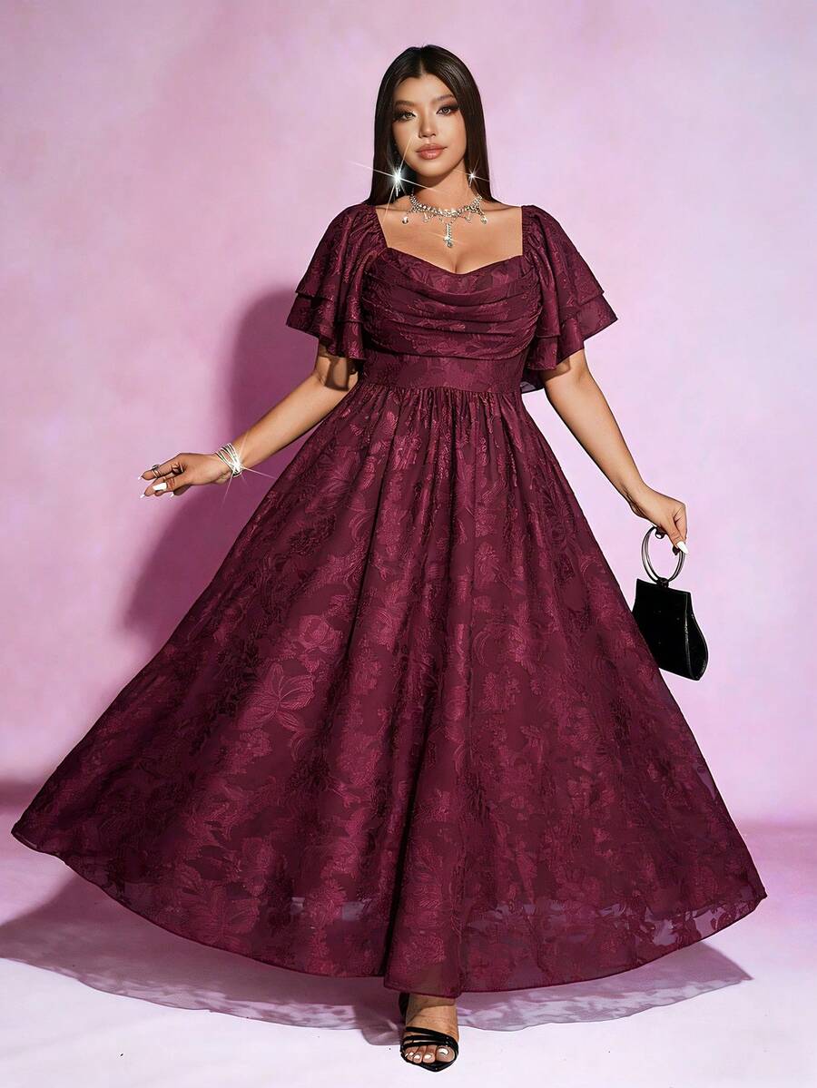 SHEIN PETITE CURVE Plus Size Comfortable Jacquard Casual Elegant Dress, Suitable For Spring And Summer Evening Formal Wedding Burgundy - Burgundy - View 1