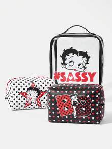 Betty Boop x SHEIN Bộ ba món trong suốt chấm bi đen trắng cổ điển của Miss Betty - màu đen - Xem 1