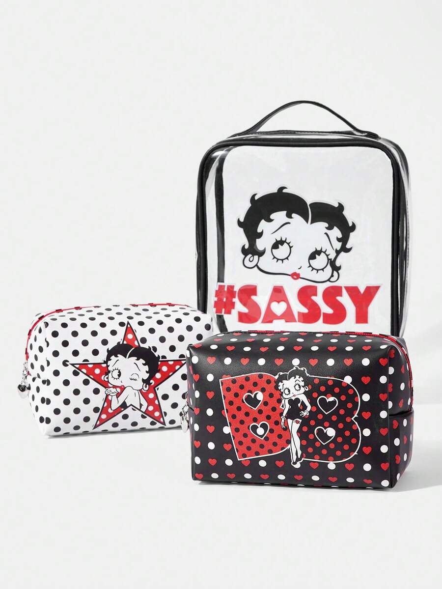 Betty Boop x SHEIN Bộ ba món trong suốt chấm bi đen trắng cổ điển của Miss Betty - màu đen - Xem 1