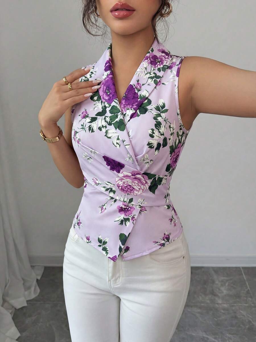 Selianne Áo kiểu nữ không tay cổ chữ V thắt eo in hình bướm, thanh lịch và lãng mạn. - Nhiều màu - Xem 1