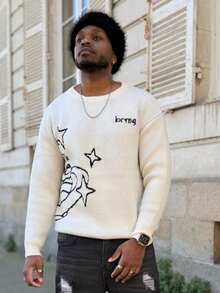 Heavens Edit ANDREILEE 男士休闲宽松白色星形提花图案毛衣，男女通用圆领套头长袖针织衫，适合秋冬季穿着 - 白色 - 查看 5