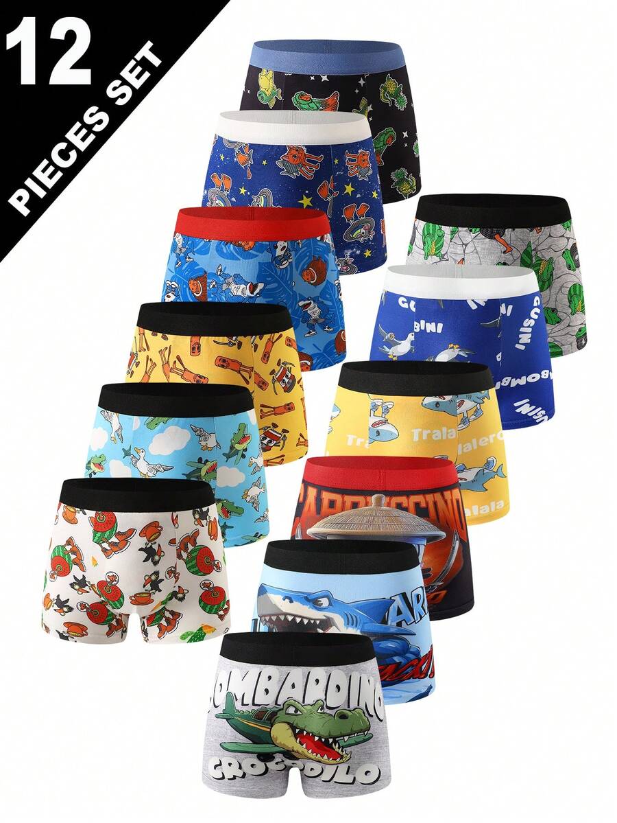 12 piezas de calzoncillos tipo bóxer cómodos con estampado de animales divertidos para niños - Multicolor - Ver 1