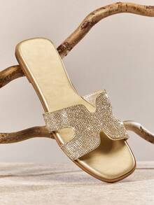 SHUZIA 女士浅金色水钻拖鞋 - 优雅露趾设计，轻松舒适，时尚新年假期 - 金色 - 查看 1
