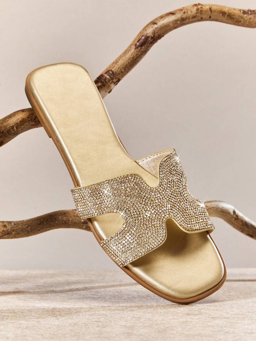 SHUZIA 女士浅金色水钻拖鞋 - 优雅露趾设计，轻松舒适，时尚新年假期 - 金色 - 查看 1