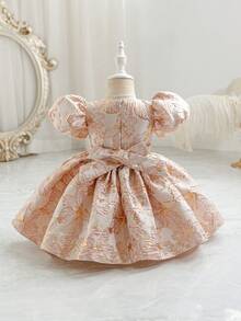 Glamorique Kids 女童碎花花瓣袖连衣裙，饰有蝴蝶结，优雅公主风花童礼服，适合婚礼及其他场合 - 粉色 - 查看 2