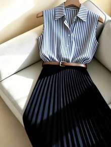 SHEIN LUNE Women's Black And White Striped Sleeveless Collared Shirt & High-Waisted Navy Pleated Maxi Skirt Set,Summer Elegant Office Work Commuting Outfit - Multicolor - View 3