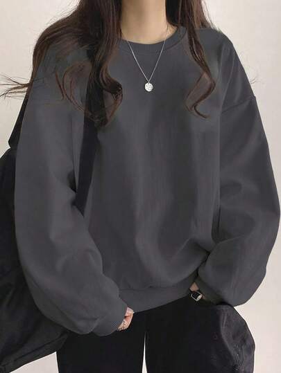 DAZY 女士纯色圆领宽松长袖运动衫、长袖上衣、秋装、返校服