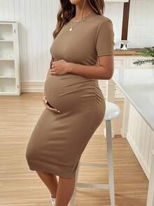 SHEIN Đầm bầu tay ngắn cổ tròn màu trơn ôm sát - màu nâu - Xem 4
