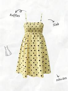 Pariaura 女士黄色波点吊带连衣裙，胸部褶皱设计增添柔美感，宽松裙摆适合外出、约会、海滩等场合，复古波点图案。夏季连衣裙、约会装、沙滩装、日常休闲波点连衣裙，女士夏季连衣裙、女士夏季套装、可爱连衣裙、波点连衣裙、金色波点、黄色连衣裙、黄色波点连衣裙、吊带裙、黄色吊带裙、女士吊带裙、波点夏季连衣裙、女士野餐连衣裙、女士夏季套装 - 黃色 - 查看 3