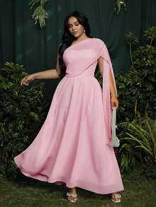 Roveilla Plus Size Asymmetrical Blue Chiffon Elegant Vacation Dress, Spring/Summer - Pink - View 7