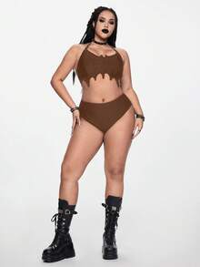 ROMWE Goth Conjunto de bikini de talla grande para mujer con diseño de murciélago gótico, tirantes ajustables, unicolor, espalda descubierta y nudo delantero, para el verano - Marrón - Ver 6