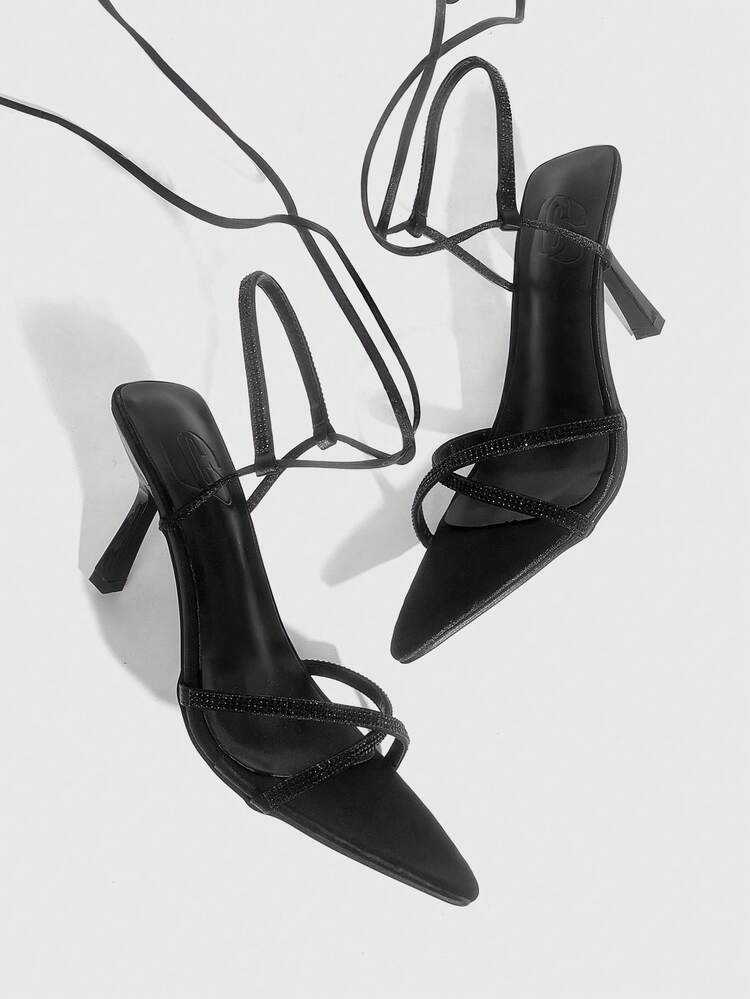 CUCCOO SZL Women Shoes Spring And Summer New Pointed Stiletto Black Rhinestone Cross Strap Women's High Heel Sandals Fashion Comfortable Versatile Sexy Party Banquet Women Sandals Prom Heels