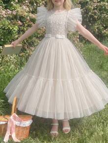 Tween Girls Elegant Luxurious Mesh Patchwork Princess Dress, Suitable For Birthday Party, Wedding, Flower Girl Dress Tween Girl Faux Pearl Dress Teen Girl Spring Dress Puff Sleeves Ivory Tween Dress Francila Dress White Girls Ivory Dress For Girls - Apricot - View 3