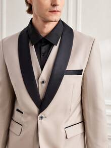 Officeau Men's 3pcs Beige Shawl Collar Luxury Suits, Blazer& Vest& Trousers, Tuxedos For Wedding/ Evening/ Prom/ Party - Beige - View 9