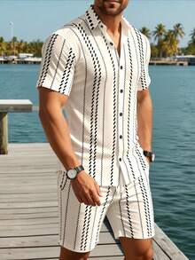 Manfinity RSRT 男士条纹短袖单排扣衬衫和短裤套装 - 彩色 - 查看 5