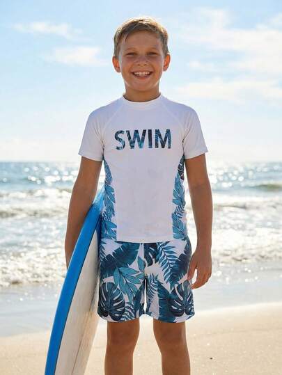 Bộ đồ bơi 2 mảnh in hình cây dừa thời trang cổ tròn đơn giản dành cho bé trai tuổi teen, thích hợp cho mùa hè, bãi biển, bơi lội, lướt sóng