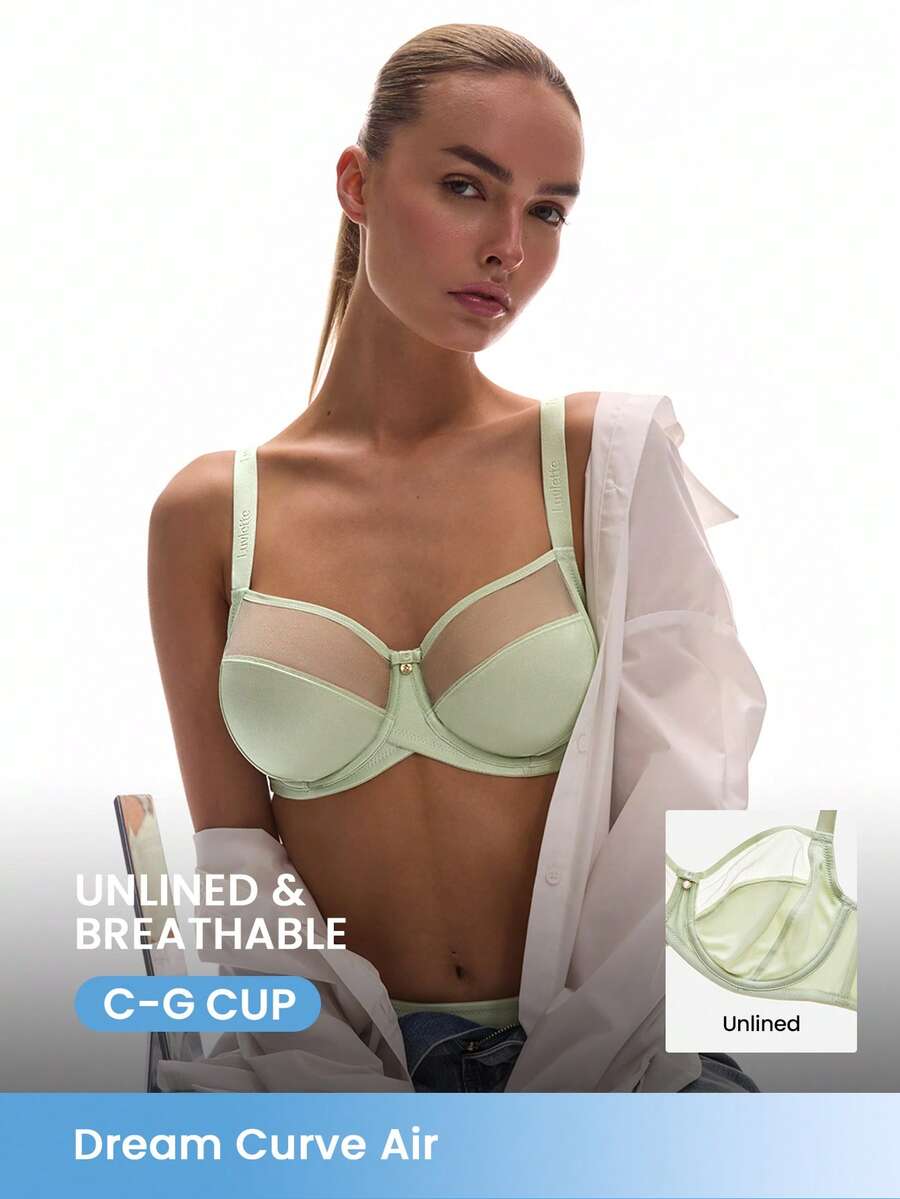 LUVLETTE 无衬垫全包覆侧支撑绿色网纱轻薄透气基础款舒适显瘦女士内衣文胸 - 芥末黃 - 查看 1