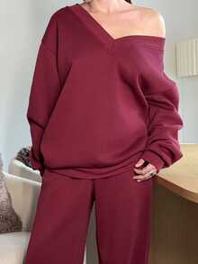 Abrilcols 2pcs/Set Women's Burgundy V-Neck Oversized Fluffy Fleece Elastic Loose Sweatshirt And Sweatpants, Casual Autumn/Winter Christmas - Red Violet - View 6