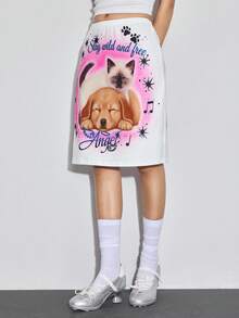 ROMWE Minifalda casual y dulce de estilo Kawaii Y2K con estampado de gato y perro para mujer - Rosa - Ver 4